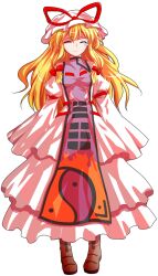 1girl alphes_(style) blonde_hair boots bow breasts brown_boots closed_eyes closed_mouth commentary_request crying dairi dress flame_print full_body hair_bow hat large_variant_set long_hair long_sleeves medium_breasts mob_cap multiple_hair_bows parody purple_tabard red_bow sad sleeves_past_wrists solo style_parody tabard tachi-e touhou transparent_background variant_set white_dress white_hat white_sleeves wide_sleeves yakumo_yukari yin_yang