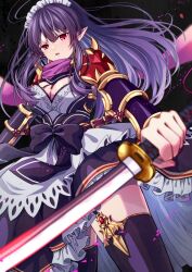 1girl armor beatrice_(iris_mysteria!) black_dress black_hair black_thighhighs breasts cleavage downturned_eyes dress frilled_dress frills holding holding_weapon iris_mysteria! katana large_breasts long_hair looking_at_viewer maid maid_headdress purple_scarf red_eyes scarf shoulder_armor standing sword thighhighs weapon yoshiki1020