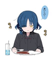 Rule 34 | 1girl, black shirt, blue hair, blush, bocchi the rock!, closed mouth, food, half-closed eyes, highres, holding, long sleeves, looking at viewer, plate, rice, sabi1234, shirt, smile, solo, upper body, white background, yamada ryo, yellow eyes