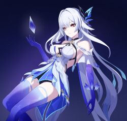 Rule 34 | 1girl, absurdres, bare shoulders, blue gloves, blue thighhighs, commentary, detached sleeves, dress, feet out of frame, genshin impact, gloves, hair intakes, hair ornament, halter dress, halterneck, hand up, highres, long hair, pink eyes, short dress, short sleeves, skirk (genshin impact), solo, thighhighs, thighs, vec ka, very long hair, white dress, white hair