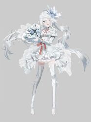 Rule 34 | 1girl, bouquet, breasts, dress, flower, gloves, happy, highres, key (company), long hair, long sleeves, open mouth, philia (tsui no stella), puffy sleeves, red ribbon, ribbon, small breasts, standing, swav, thighhighs, tsui no stella, very long hair, white dress, white flower, white footwear, white gloves, white hair, white theme, white thighhighs, zettai ryouiki