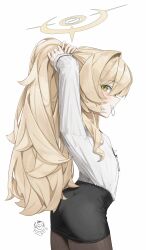 1boy 1girl absurdres arms_behind_head black_pantyhose black_skirt blonde_hair blue_archive blush doodle_sensei_(blue_archive) from_side green_eyes grin hair_intakes hair_tie_in_mouth highres hmj0128 id_card long_hair looking_at_viewer mouth_hold pantyhose ponytail professor_niyaniya_(blue_archive) professor_niyaniya_(teacher)_(blue_archive) sensei_(blue_archive) shirt skirt smile solo_focus tying_hair white_shirt