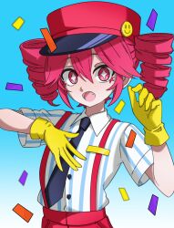1girl absurdres black_necktie blue_background buttons collared_shirt confetti dress_shirt drill_hair fang flat_chest ghuler gloves gradient_background hair_between_eyes hand_on_own_chest hands_up hat highres kasane_teto looking_at_viewer mesmerizer_(vocaloid) necktie open_mouth outstretched_hand pants red_eyes red_hat red_pants shirt short_sleeves smiley_hat_ornament solo star-shaped_pupils star_(symbol) suspenders symbol-shaped_pupils twin_drills utau white_background wing_collar yellow_gloves
