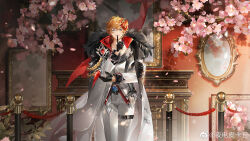 1boy aiguillette belt black_belt black_shirt blonde_hair blue_eyes branch character_request cherry_blossoms chinese_commentary closed_mouth clothing_cutout coat coat_on_shoulders collarbone collared_coat collared_shirt commentary_request cowboy_shot crossed_bangs falling_petals finger_to_mouth fireplace flower fur-trimmed_coat fur_trim genshin_impact hair_between_eyes hair_ornament hand_on_own_elbow high_collar highres jacket lapels light_particles messy_hair mirror notched_lapels painting_(object) pants petals picture_frame pink_flower shirt short_hair solo standing stomach_cutout thigh_belt thigh_strap two-sided_shirt vision_(genshin_impact) watermark weibo_watermark white_coat white_jacket white_pants ye_dian_pikaqiu