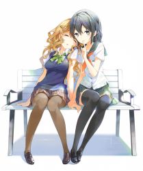 2girls alternate_hairstyle bench black_eyes black_hair black_legwear blonde_hair breasts brown_legwear closed_eyes curly_hair facing_viewer finger_to_mouth full_body hair_ornament hairclip hands_together head_on_another&#039;s_shoulder head_rest holding_another&#039;s_wrist leaning_on_person loafers long_hair looking_at_viewer multiple_girls original pantyhose plaid_clothes plaid_skirt school_uniform serafuku shoes short_sleeves shushing simple_background sitting skirt sleeping sleeping_upright sweater_vest tears thighhighs tiv white_background yuri