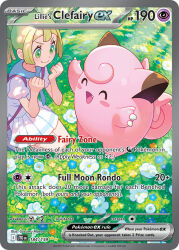 1girl ^_^ artist_name blonde_hair blue_flower blush blush_stickers card_(medium) character_name clefairy clenched_hands closed_eyes closed_mouth company_name copyright_name copyright_notice english_text eyelashes fang flower gen_1_pokemon grass green_hair hands_up kneeling lillie_(pokemon) long_hair maeya_susumu nintendo official_art open_mouth outdoors pokemon pokemon_(creature) pokemon_card pokemon_sm pokemon_tcg ponytail shirt short_sleeves skirt smile sunlight third-party_source trading_card v-shaped_eyebrows white_flower white_shirt white_skirt