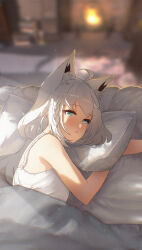 1girl absurdres ahoge alternate_costume animal_ear_fluff animal_ears blanket blurry blurry_background blush braid commentary_request fireplace fox_ears fox_girl from_above head_on_pillow highres hololive indoors iputpixels light_particles looking_at_viewer lying nightgown on_bed on_side pillow shirakami_fubuki sleepy solo under_covers virtual_youtuber waking_up white_hair white_nightgown