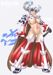 1girl armor bikini_armor breasts cape chest_jewel commentary_request crotch_plate dark-skinned_female dark_skin elbow_gloves forked_eyebrows full_body gloves grey_background grey_hair hakama hakama_pants hand_on_hilt horns japanese_armor japanese_clothes kote large_breasts navel original pants pointy_ears revealing_clothes sakura_ryuuken single_horn solo standing yellow_eyes