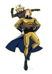 1boy 1girl animification black_bodysuit black_gloves blonde_hair bodysuit cape closed_mouth earrings fingerless_gloves gloves highres isacchili jewelry long_sleeves marvel marvel_cinematic_universe sentry_(marvel) short_hair simple_background smile superhero_costume thunderbolts_(movie) white_background yelena_belova