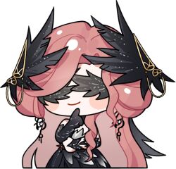 Rule 34 | 1girl, artist request, bare shoulders, bird wings, black collar, black dress, black gloves, black wings, blush stickers, chibi, closed mouth, collar, covered eyes, crimson feather (infinity nikki), detached collar, dress, earrings, elbow gloves, feather-trimmed dress, feathered wings, gloves, gown, hand on own chin, hand on own elbow, happy, head wings, high collar, infinity nikki, jewelry, long dress, long hair, nikki (series), official art, red hair, single elbow glove, smile, solo, standing, strapless, strapless dress, transparent background, very long hair, wavy hair, wings