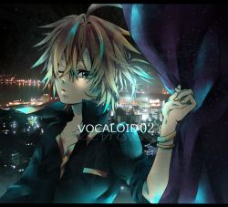 1boy alternate_costume aqua_eyes blonde_hair bracelet curtains highres jewelry kagamine_len komako_(rm227) male_focus nail_polish open_mouth solo urban urban_background vocaloid wink