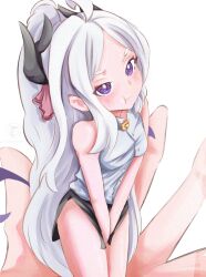 ahoge arupakkadesu_pixv bare_shoulders black_skirt blue_archive breasts demon_girl demon_horns demon_wings highres hina_(blue_archive) horns loli long_hair looking_at_viewer mini_person minigirl no_panties pout purple_eyes shirt skirt small_breasts white_hair white_shirt wings