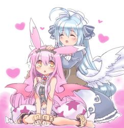2girls ahoge ajitarou_(setsu) animal_ears bare_shoulders bat_wings black_dress black_ribbon breasts corset dress emil_chronicle_online hair_ribbon large_breasts long_hair maid maid_headdress mitama_kyrie mitama_nanai multiple_girls navel pink_hair pink_wings rabbit_ears ribbon sitting wariza white_hair white_wings wings yellow_eyes