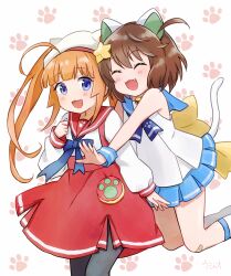 2girls :d absurdres ahoge animal_ears animal_hat bandaid bandaid_on_knee bandaid_on_leg bell black_pantyhose blue_eyes blue_ribbon blue_sailor_collar blue_sky bow brown_hair cat_ears cat_hat closed_eyes etotama fang fluffy_hair hair_ornament happy hat highres hug hug_from_behind imminent_hug jingle_bell jumping long_hair long_sleeves miniskirt multiple_girls naa-tan neck_ribbon nyaa-tan open_mouth orange_hair pantyhose paw_print paw_print_background red_sailor_collar red_skirt ribbon sailor_collar sailor_hat short_hair skirt sky sleeveless smile socks star_(symbol) star_hair_ornament straight_hair swept_bangs twintails umyao_(umyaooon) yellow_bow