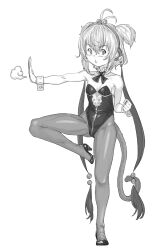 1girl andira_(granblue_fantasy) animal_ears blush breasts erune fighting_stance full_body granblue_fantasy greyscale highres leotard looking_at_viewer monkey_ears monkey_girl monkey_tail monochrome pantyhose playboy_bunny short_hair small_breasts solo standing standing_on_one_leg tail transparent_background yggsil