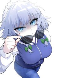 1girl blue_eyes blue_jacket blue_pants braid breasts from_above grey_hair highres izayoi_sakuya jacket large_breasts looking_at_viewer maid_headdress medium_hair pants solo sunglasses tenx2_1341 touhou twin_braids white_background