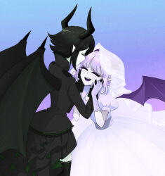 Rule 34 | 2girls, black dress, black gloves, black hair, black jacket, blue background, bridal veil, bride, close-up, closed eyes, closed mouth, colored eyelashes, colored skin, dragon boy, dragon girl, dragon wings, dress, frilled dress, frills, from behind, gallaxi, gloves, gradient background, green dress, green skin, hands on another&#039;s cheeks, hands on another&#039;s face, hands on another&#039;s hands, highres, jacket, light particles, multiple girls, open mouth, original, pointy ears, puffy nipples, puffy sleeves, purple background, purple dress, purple gloves, purple hair, purple mouth, short hair, short sleeves, sidelocks, simple background, teeth, two-tone dress, upper teeth only, veil, wedding dress, white skin, wings