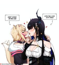 2girls absurdres animal_collar animal_ears anyacchi asymmetrical_horns black_collar black_hair black_jacket black_nails blonde_hair blue_hair blush breasts cleavage closed_eyes clothing_cutout collar collared_shirt colored_inner_hair commentary demon_horns dog_ears dog_girl dog_tail english_commentary english_text face-to-face flower fur-trimmed_jacket fur_trim hand_on_another&#039;s_chin hasn&#039;t_kissed_anyone_ever_vs_expecting_a_kiss_with_tongue_(meme) heart highres hololive hololive_english horn_flower horns imminent_kiss jacket large_breasts long_hair long_sleeves meme mococo_abyssgard mococo_abyssgard_(1st_costume) mole mole_on_breast mole_under_eye multicolored_hair multiple_girls nail_polish nerissa_ravencroft nerissa_ravencroft_(1st_costume) open_mouth pink_hair pink_nails profile shirt short_hair shoulder_cutout simple_background spiked_collar spikes straight_hair streaked_hair sweat tail tongue tongue_out uneven_horns upper_body very_long_hair virtual_youtuber waiting_for_kiss white_background white_shirt yuri