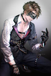 Rule 34 | 1boy, alternate costume, arm belt, asymmetrical clothes, belt, black belt, black choker, black gloves, black pants, black shoes, black vest, bracelet, brown hair, chain, chest belt, choker, chromatic aberration, collarbone, collared shirt, covered eyes, crystal necklace, dated, eiden (nu carnival), eye mask, gloves, gradient background, grey background, hand up, highres, holding, holding jewelry, holding necklace, jewelry, long sleeves, male focus, mask, necklace, nu carnival, open collar, owner bird, pants, parted lips, pectoral cleavage, pectorals, pendant, pinstripe pattern, ring, shirt, shoes, short hair, simple background, smile, solo, squatting, striped clothes, striped pants, thigh belt, thigh strap, unworn jewelry, unworn necklace, vertical-striped clothes, vertical-striped pants, vest, white shirt