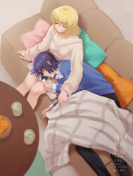 1boy 1girl absurdres alternate_costume athrun_zala black_pants blonde_hair blue_hair blue_sweater cagalli_yula_athha casual closed_eyes closed_mouth collarbone couch couple cup dress from_above gundam gundam_seed hetero highres indoors koban_(zouwqprlfvilaod) lap_pillow long_sleeves medium_hair pants pillow short_hair sitting sleeves_past_fingers sleeves_past_wrists straight_hair sweater sweater_dress teacup under_covers watermark white_sweater