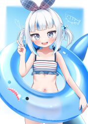 1girl bikini blue_eyes blue_hair bow_hairband cocozasa ebi-chan_(gawr_gura) gawr_gura grey_hair hairband hand_up heart highres hololive hololive_english innertube looking_at_viewer navel open_mouth sharp_teeth solo striped_bikini striped_clothes swim_ring swimsuit teeth twintails virtual_youtuber white_bikini