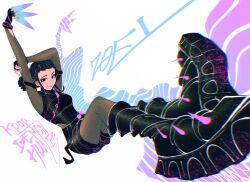 Rule 34 | 1girl, arms up, black hair, black shoes, black shorts, blunt bangs, boots, character name, closed mouth, copyright name, double bun, fingerless gloves, full body, gloves, hair bun, hashtag-only commentary, highres, kpop demon hunters, looking at viewer, shadow, shoes, shorts, sidelocks, smile, solo, spindle (aidenr0), zoey (kpop demon hunters)