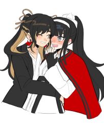 2girls black_hair blonde_hair blush female_focus fingernails grey_eyes hand_up highres holy_jumonji_sword hug humanization japanese_clothes long_hair magadori_kyoshika multicolored_hair multiple_girls one_eye_closed open_mouth ponytail simple_background smile teeth the_hundred_line_-last_defense_academy- upper_body white_background yellow_eyes yuri