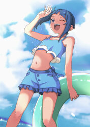 1girl ;d absurdres bikini bikini_shorts blue_bikini blue_hair blue_sky cloud cloudy_sky commentary cut_bangs day dutch_angle frilled_shorts frills hakuino_hakase highres hirogaru_sky!_precure holding holding_swim_ring horizon innertube looking_to_the_side medium_hair navel ocean one_eye_closed open_mouth outdoors precure redrawn shading_eyes shorts side_ponytail single_sidelock sky smile sora_harewataru standing swim_ring swimsuit wet