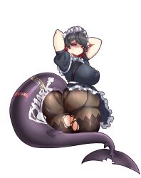 1girl absurdres annoyed arms_behind_head arms_up ass black_dress black_hair breasts brown_pantyhose closed_mouth colored_inner_hair cowboy_shot dot_mouth dress ellen_joe eyebrows eyelashes female_focus fins fish_tail frilled_dress frills from_behind from_side highres huge_ass large_breasts looking_at_viewer looking_back maid maid_headdress mihoyo miyako.noh multicolored_hair pantyhose red_eyes red_hair shaded_face shark_girl shark_tail short_hair short_sleeves simple_background solo tail thighs torn_clothes torn_pantyhose twisted_torso two-tone_dress two-tone_hair variant_set white_background white_dress zenless_zone_zero