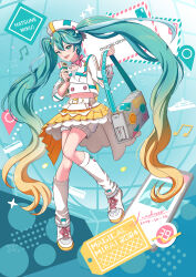 Rule 34 | 1girl, absurdres, aqua eyes, aqua hair, bag, belt, blonde hair, bow, character name, cropped jacket, gradient hair, hair between eyes, hair ornament, hatsune miku, highres, holding, holding bag, holding microphone, jacket, legendpoon, long hair, magical mirai (vocaloid), magical mirai miku, magical mirai miku (2024), microphone, multicolored hair, musical note, open mouth, pink bow, pleated skirt, shoes, shorts, shorts under skirt, shoulder bag, skirt, smile, solo, twintails, very long hair, vocaloid, white belt, white jacket, white shoes, yellow skirt
