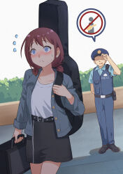 1boy 1girl absurdres belt black_belt black_skirt blue_eyes blue_jacket blue_shirt blue_vest blush brown_hair commentary english_commentary fleeing girls_band_cry guitar_case highres instrument_case instrument_on_back iseri_nina jacket low_twintails nervous_sweating open_mouth police police_uniform policeman shirt short_hair short_twintails skirt summer_left sweat twintails vest white_shirt