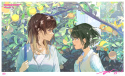 2girls absurdres aketa_mikoto blonde_hair border brown_hair cardigan commentary_request da_tengzi dated eye_contact food fruit gradient_hair greyscale highres idolmaster idolmaster_shiny_colors looking_at_another medium_hair monochrome multicolored_hair multiple_girls nanakusa_nichika outdoors profile shirt short_hair signature smile sweater_vest upper_body white_border white_cardigan white_shirt yuzu_(fruit)