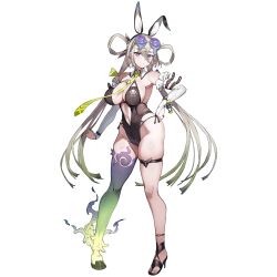 1girl animal_ears arm_strap bare_shoulders black_one-piece_swimsuit black_shoes blush bow bracelet breasts bridal_gauntlets cleavage clothing_cutout curvy elbow_gloves eyewear_on_head fake_animal_ears fate/grand_order fate_(series) fire full_body game_cg gloves gradient_hair green_fire green_hair green_necktie grey_hair groin hair_bow hair_ornament hair_rings hairclip hand_on_own_hip highleg highleg_one-piece_swimsuit highres hooves huyan_zhuo_(fate) huyan_zhuo_(swimsuit)_(fate) jewelry large_breasts long_hair looking_at_viewer multicolored_hair navel necktie novelty_glasses official_art one-piece_swimsuit plunging_neckline purple-tinted_eyewear purple_eyes rabbit_ears sandals shoes sideboob single_thighhigh solo standing stomach sunglasses swimsuit tachi-e thick_thighs thigh_strap thighhighs thighs third-party_source tinted_eyewear toridamono transparent_background twintails white_gloves wide_hips