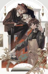 2boys absurdres antique_phone ascot bandaged_arm bandaged_neck bandages black_ascot black_choker black_hat black_pants black_scarf black_shirt black_shoes blue_eyes book brown_eyes brown_hair brown_jacket brown_pants brown_vest bungou_stray_dogs candle candlestand chinese_commentary choker coat collared_shirt couch dazai_osamu_(bungou_stray_dogs) fire flower from_side gloves hat highres holding holding_book holding_phone implied_yaoi jacket jewelry long_sleeves male_focus medium_hair multiple_boys nakahara_chuuya_(bungou_stray_dogs) open_mouth orange_hair pants parted_lips phone pillar profile sakura-zero scarf shirt shoes short_hair sitting smile standing striped_clothes striped_shirt talking_on_phone vertical-striped_clothes vertical-striped_shirt vest white_shirt