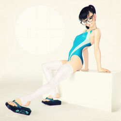1girl black_eyes black_hair blue_one-piece_swimsuit breasts commentary_request competition_swimsuit full_body fumichika_mori glasses looking_at_viewer okobo one-piece_swimsuit original platform_sandals ponytail sandals short_hair sitting small_breasts smile solo stirrup_legwear swimsuit thighhighs toeless_legwear toes white_thighhighs