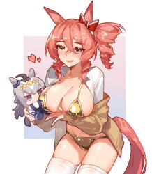 1girl animal_ears baobao771100 bikini blush breasts brown_cardigan cardigan character_doll commentary_request cowboy_shot drill_hair drill_sidelocks gold_bikini hair_between_eyes horse_ears horse_girl horse_tail large_breasts long_bangs norn_ace_(umamusume) oguri_cap_(umamusume) open_cardigan open_clothes open_mouth open_shirt pink_hair shiny_skin shirt short_hair sidelocks single_drill skindentation smile solo swimsuit tail thighhighs umamusume umamusume:_cinderella_gray white_shirt white_thighhighs