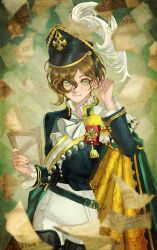 Rule 34 | 1girl, adjusting hair, ascot, black boots, black hat, black jacket, boots, brown hair, closed mouth, cowboy shot, earrings, flying paper, green background, green eyes, hair between eyes, hands up, hat, hat feather, highres, holding, holding paper, jacket, jewelry, military hat, mole, mole under eye, pants, paper, recoleta (reverse:1999), reverse:1999, shirt, siren baroque, smile, solo, thigh boots, too many papers, white ascot, white pants, white shirt