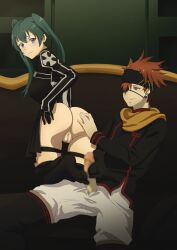 1boy 1girl absurdres ass censored d.gray-man eyepatch footjob green_eyes green_hair highres keihh lavi lenalee_lee penis purple_eyes pussy red_hair smile twintails