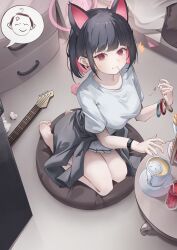 1boy 1girl absurdres anger_vein animal_ears barefoot black_hair black_jacket blue_archive blunt_ends cat_ears cat_girl clothes_around_waist coffee colored_inner_animal_ears colored_inner_hair dessert doodle_sensei_(blue_archive) earrings extra_ears food food_in_mouth guitar highres instrument jacket jacket_around_waist jewelry kazusa_(band)_(blue_archive) kazusa_(blue_archive) looking_at_viewer miku_rasha multicolored_hair official_alternate_costume pink_eyes seiza sensei_(blue_archive) shirt short_hair short_sleeves sidelocks sitting skirt solo_focus sweatdrop t-shirt two-tone_hair white_shirt white_skirt wristband