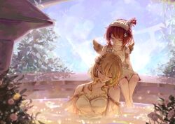 Rule 34 | 2girls, aglaea (honkai: star rail), artist name, bath, bathing, blonde hair, blue sky, brown wings, closed eyes, closed mouth, collarbone, commentary, day, dress, english commentary, eulyin huan, eyelashes, flower, frilled dress, frills, greco-roman clothes, hair flower, hair ornament, hair over shoulder, hand on another&#039;s head, head tilt, honkai: star rail, honkai (series), in water, laurel crown, long hair, mini wings, multiple girls, off-shoulder shirt, off shoulder, outdoors, pink flower, red hair, shadow, shirt, short hair, sky, sleeveless, sleeveless dress, smile, soaking feet, sunlight, tribbie (honkai: star rail), water, wavy hair, white dress, white shirt, wings, yellow flower