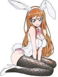 Rule 34 | 1girl, absurdres, animal ears, bare shoulders, bleach, bow, brown eyes, fake animal ears, fake bunny ears, fake tail, female focus, fishnet thighhighs, fishnets, hair ornament, hairclip, high heels, highres, inoue orihime, leotard, long hair, looking at viewer, n (nauki 11), orange hair, pink bow, playboy bunny, simple background, strapless, strapless leotard, tail, thighhighs, thighs, white background, white leotard