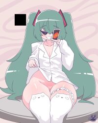 1girl absurdres bags_under_eyes black_sclera blue_hair blush bottomless brown_background can cat_thigh_strap clothes_lift collared_shirt colored_sclera commentary english_commentary full_body grin hatsune_miku highres holding holding_can lifting_own_clothes loli long_hair long_sleeves looking_at_viewer mimukauwa_nice_try_(vocaloid) mrsakai naked_shirt no_panties pussy shirt shirt_lift smile solo thick_thighs thighhighs thighs twintails uncensored uno_(game) very_long_hair vocaloid white_eyes white_shirt white_thighhighs