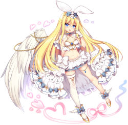 1girl :p abnormal_imagination animal_ears blonde_hair blue_bow blue_eyes blush bow braid breasts brown_footwear closed_mouth commission fake_animal_ears feathered_wings full_body fur-trimmed_gloves fur-trimmed_legwear fur_trim gloves hair_between_eyes hand_up heart long_hair miniskirt navel pleated_skirt rabbit_ears ringo_sui simple_background single_thighhigh single_wing skirt small_breasts smile solo thighhighs tongue tongue_out very_long_hair white_background white_bow white_gloves white_skirt white_thighhighs white_wings wings