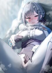 1girl absurdres akershus_fortress_(oshiro_project) badge black_corset black_gloves blue_cape blue_cloak blue_eyes blush bodysuit braid breasts breath cape center_frills cloak corset female_masturbation fluff frilled_shirt frills fur-trimmed_cape fur-trimmed_cloak fur_trim gloves grabbing_own_breast grey_hair hair_ornament half-closed_eyes highres large_breasts long_sleeves masturbation masturbation_through_clothes oshiro_project:re outdoors padded_cloak putama ribbon shirt sitting solo spread_legs steam steaming_body thighs tight_clothes white_bodysuit white_shirt