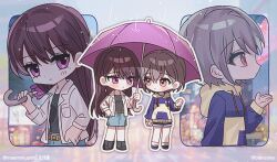 2girls bang_dream! bang_dream!_it&#039;s_mygo!!!!! black_shirt blue_hoodie blue_shorts blue_skirt blush brown_eyes commentary earrings grey_hair hand_on_own_hip hashtag-only_commentary holding holding_umbrella hood hood_down hoodie jacket jewelry mole mole_under_eye multiple_girls open_clothes open_jacket purple_eyes purple_umbrella rain shared_umbrella shiina_taki shirt short_hair shorts skirt socks soha_blan takamatsu_tomori three-quarter_sleeves umbrella white_jacket white_socks