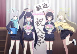 Rule 34 | 4girls, :o, animal ear fluff, animal ears, ayane (blue archive), black gloves, black hair, black shoes, black skirt, blonde hair, blue archive, blue eyes, blue halo, blue jacket, blue necktie, blue scarf, bouquet, box, cat ears, cat girl, closed eyes, closed mouth, flower, gloves, green halo, grey hair, hair between eyes, hair bun, hair flower, hair ornament, halo, highres, holding, holding bouquet, holding box, id card, jacket, kneehighs, long hair, multiple girls, necktie, non-web source, nonomi (blue archive), official art, open mouth, pink flower, plaid clothes, plaid skirt, red-framed eyewear, red eyes, red halo, scarf, serika (blue archive), shiroko (blue archive), shirt, shoes, short hair, sidelocks, single glove, single side bun, skirt, smile, socks, standing, standing on one leg, twintails, white flower, white shirt, white shoes, white socks, wolf ears, wolf girl, yellow jacket