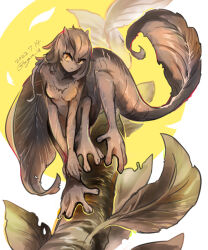 1girl artist_name branch breasts brown_hair centauroid claws closed_mouth dark-skinned_female dark_skin dated full_body gecko highres hogara horns leaf leaf-tailed_gecko lizard_tail long_hair looking_at_viewer monster_girl one-hour_drawing_challenge orange_eyes original reptile_girl skin-covered_horns slit_pupils small_breasts solo tail taur twitter_username webbed_feet yellow_background