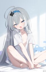 1girl :o ahoge barefoot bed_sheet blue_eyes blue_hairband blue_panties blurry blurry_background breasts collared_shirt crossed_ankles deyui fang feet female_tyrant_(stella_sora) grey_hair hairband highres indian_style indoors long_hair looking_at_viewer no_bra no_pants panties partially_unbuttoned pointy_ears shirt short_sleeves sitting small_breasts solo stella_sora toenails toes tyrant_(stella_sora) underwear very_long_hair