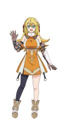 anime_coloring aoi_tomato arm_armor bare_shoulders black_thighhighs blonde_hair boots breasts brown_gloves brown_hair detached_sleeves dress full_body gloves green_eyes hair_ribbon henrietta_(tsuihousha_shokudou_e_youkoso!) highres large_breasts long_hair multicolored_hair open_hand open_mouth ribbon simple_background single_thighhigh sleeveless smile spread_fingers streaked_hair tareme thighhighs thighs transparent_background tsuihousha_shokudou_e_youkoso! waving white_boots
