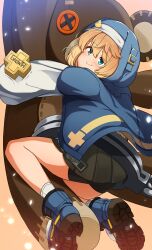 1boy androgyne_symbol bike_shorts bike_shorts_under_skirt black_skirt blonde_hair blue_boots blue_eyes blush boots bridget_(guilty_gear) commentary cuffs guilty_gear guilty_gear_strive highres hood hood_up hooded_jacket hug jacket long_sleeves looking_at_viewer male_focus medium_hair open_clothes roger_(guilty_gear) skirt smile solo stuffed_animal stuffed_toy teddy_bear trap yotubawatane